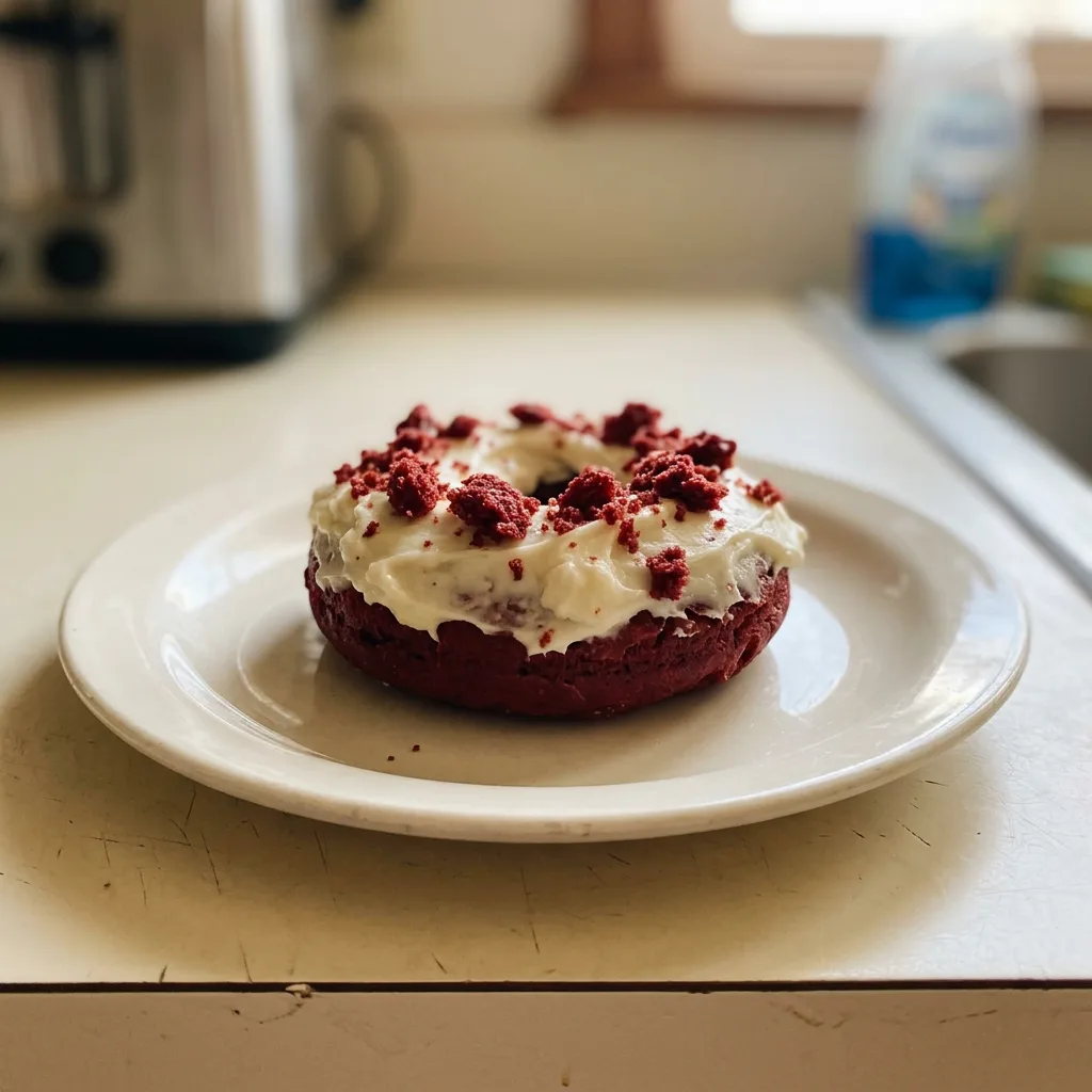 Looking down at three red velvet donuts with cream cheese frosting and white sprinkles on a dark surface.