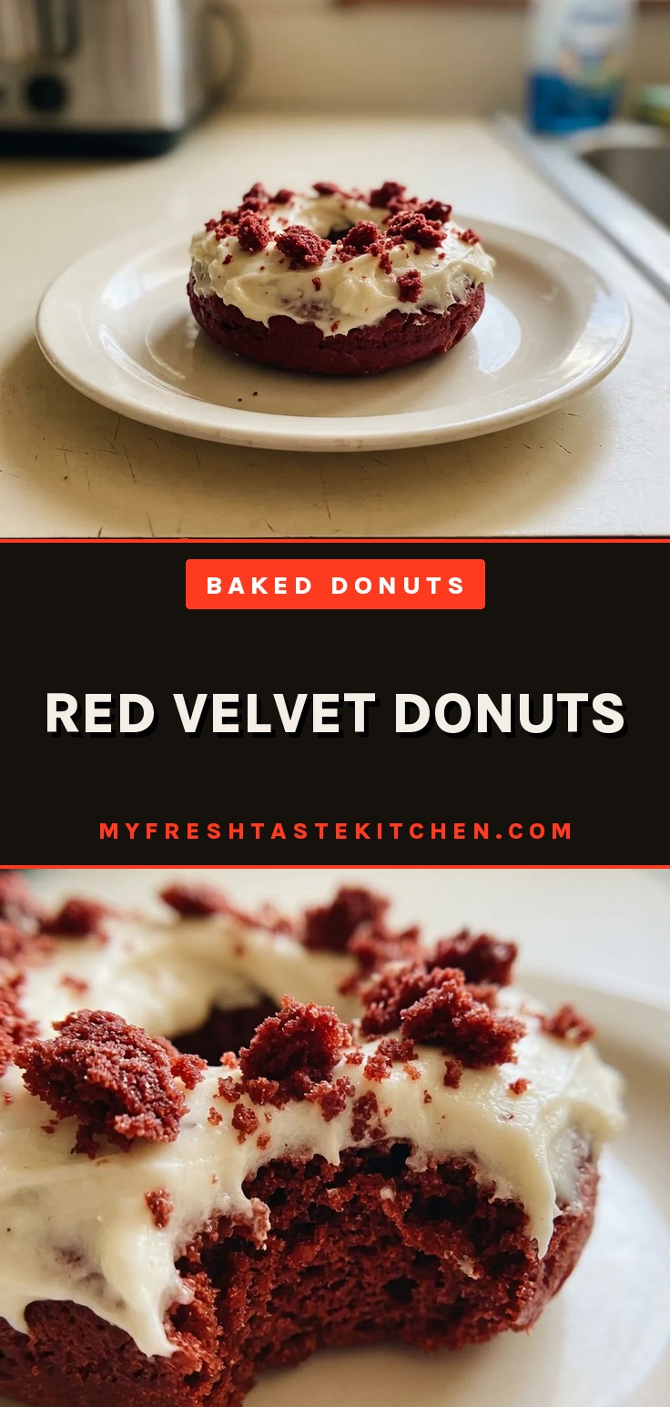 Red velvet donuts with cream cheese frosting, showing cocoa powder and red food coloring in the batter.
