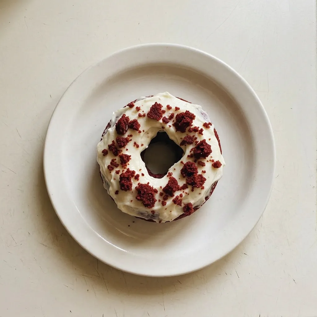 A plate of red velvet donuts topped with cream cheese frosting and white sprinkles.