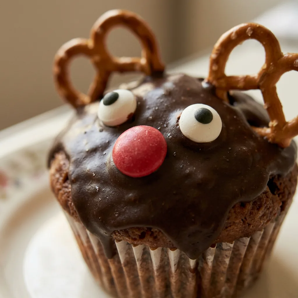 Close view of a muffin with glossy chocolate glaze, two candy eyes, red lentils, and a pretzel piece.
