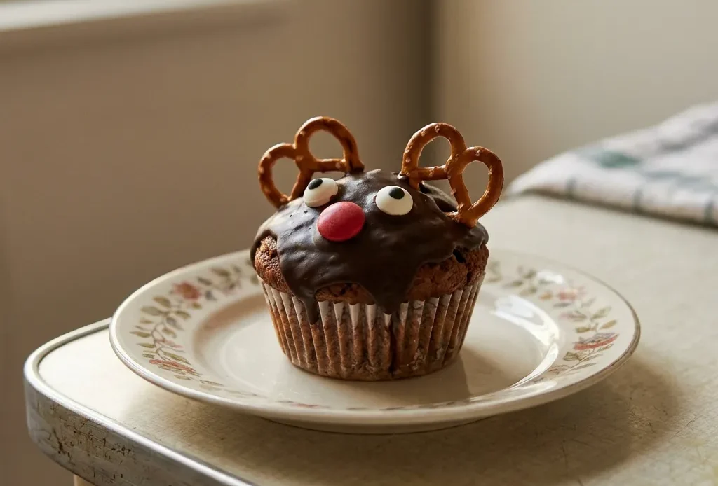 Overhead shot of a dark chocolate glazed muffin topped with candy eyes, red chocolate lentils, and a mini pretzel antler.