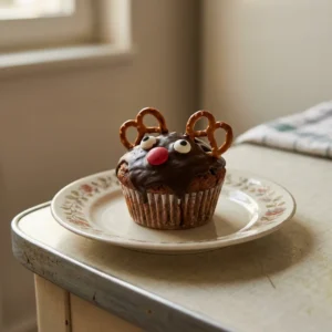 Overhead shot of a dark chocolate glazed muffin topped with candy eyes, red chocolate lentils, and a mini pretzel antler.