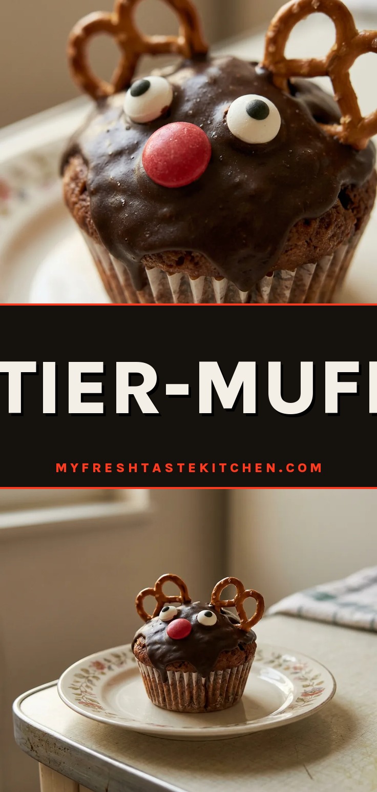 Overhead shot of a dark chocolate glazed muffin topped with candy eyes, red chocolate lentils, and a mini pretzel antler.