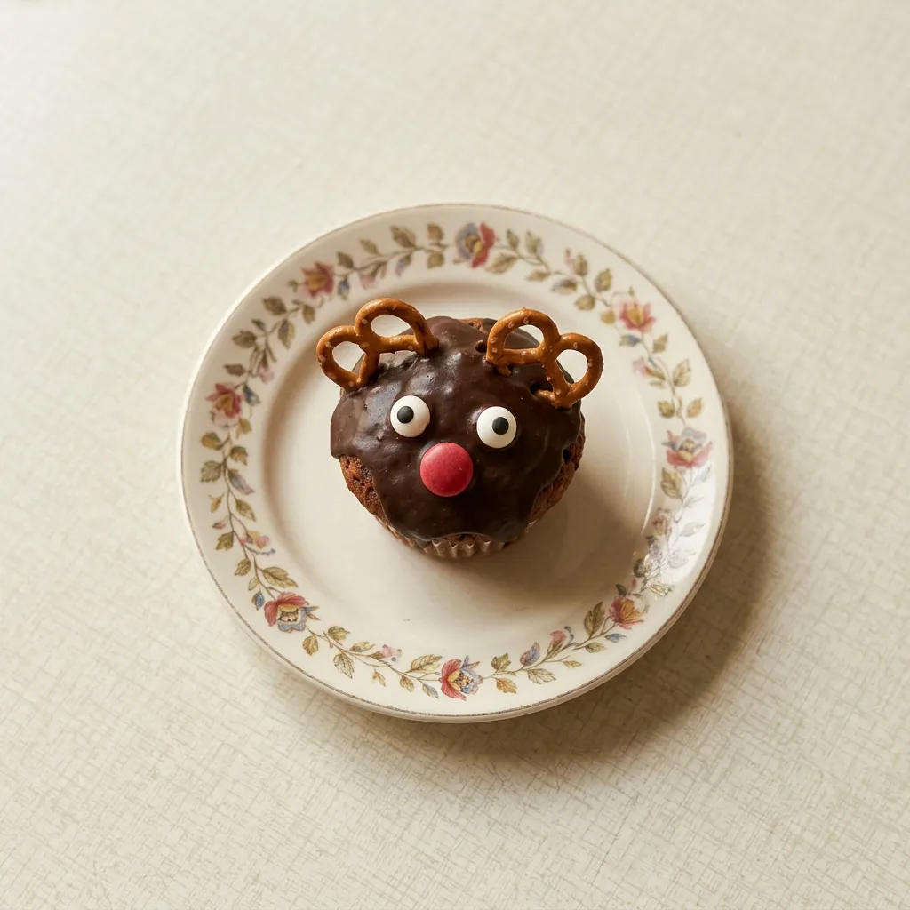 Plated muffin covered in dark chocolate glaze, decorated with candy eyes, red chocolate lentils, and mini pretzels.