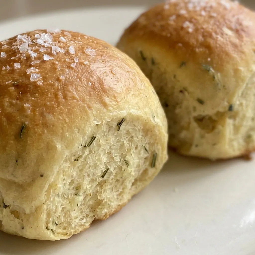 Close view of a ricotta herb roll with visible rosemary and thyme on top, soft interior texture.