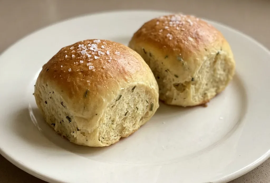 Overhead shot of round ricotta herb rolls topped with rosemary and thyme leaves, golden brown crust.