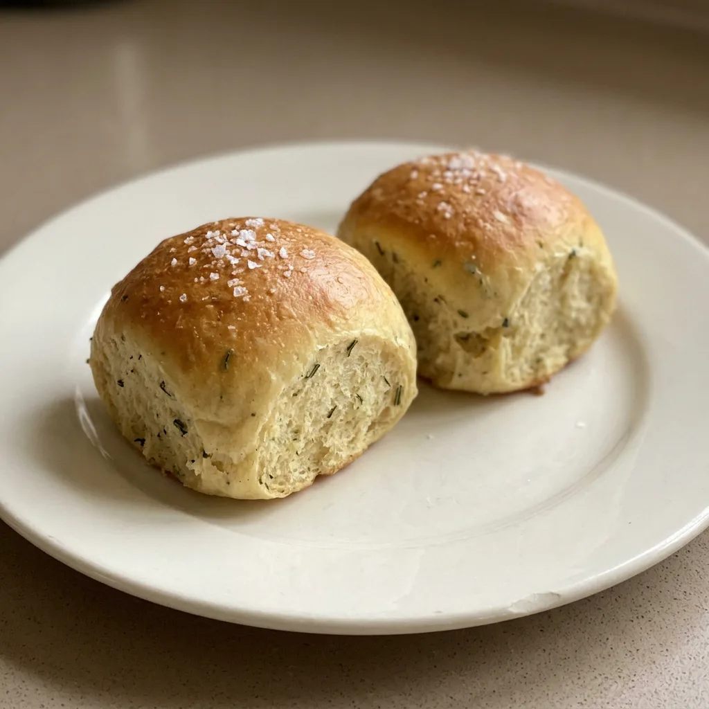 Overhead shot of round ricotta herb rolls topped with rosemary and thyme leaves, golden brown crust.