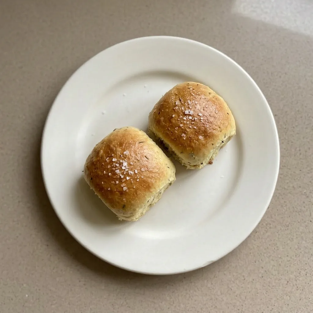 Plated ricotta herb bread rolls garnished with fresh rosemary and thyme sprigs.