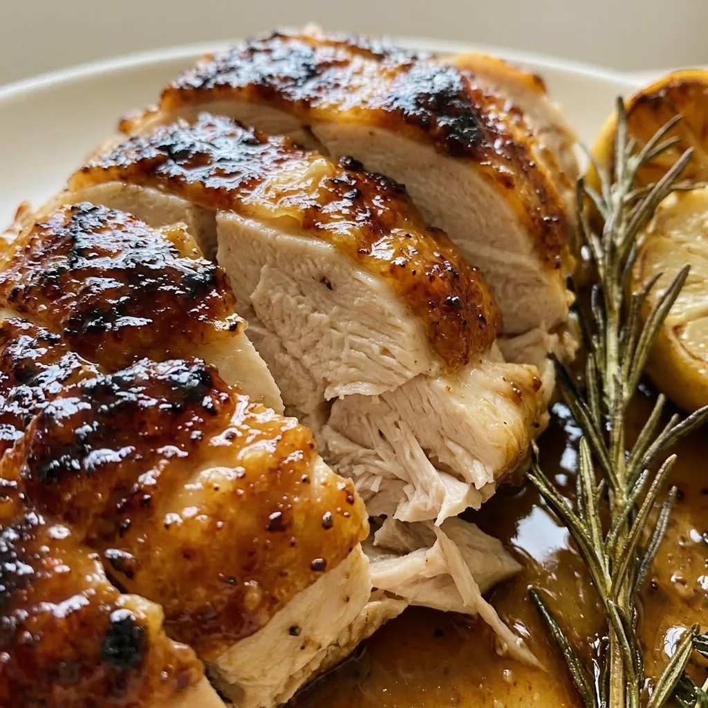 Close view of crispy chicken skin with thyme leaves, garlic, and lemon slices on top.