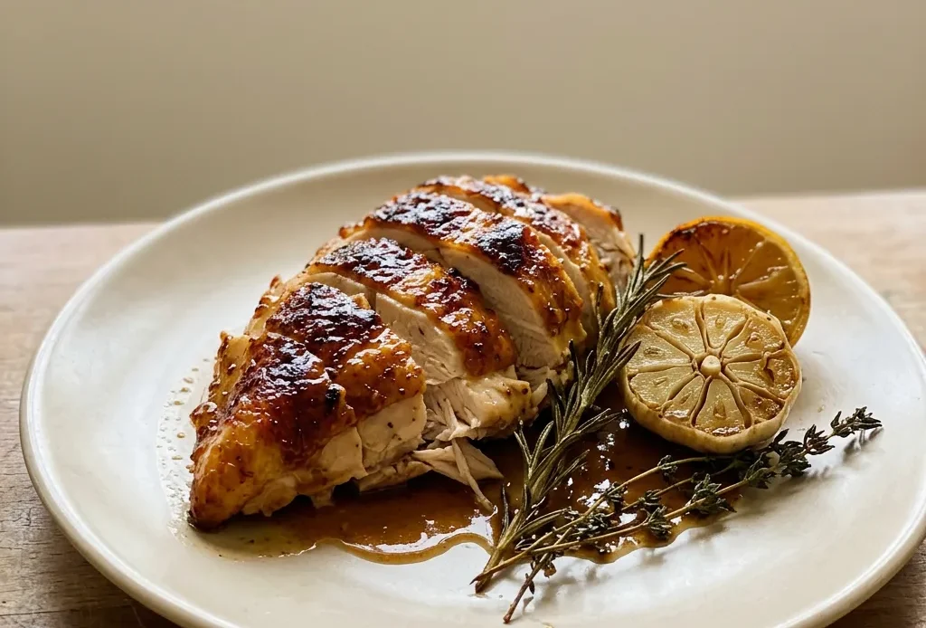 Overhead shot of roasted whole chicken with lemon wedges, garlic cloves, and rosemary sprigs around it.
