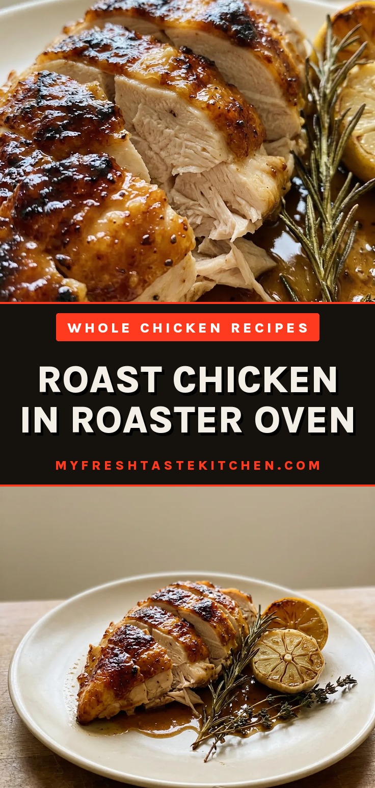 Overhead shot of roasted whole chicken with lemon wedges, garlic cloves, and rosemary sprigs around it.