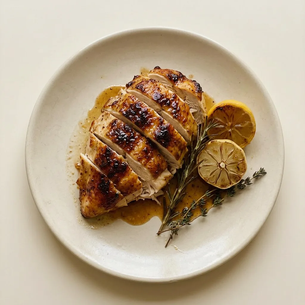Plated chicken leg quarter with lemon wedge, garlic clove, and rosemary sprig.
