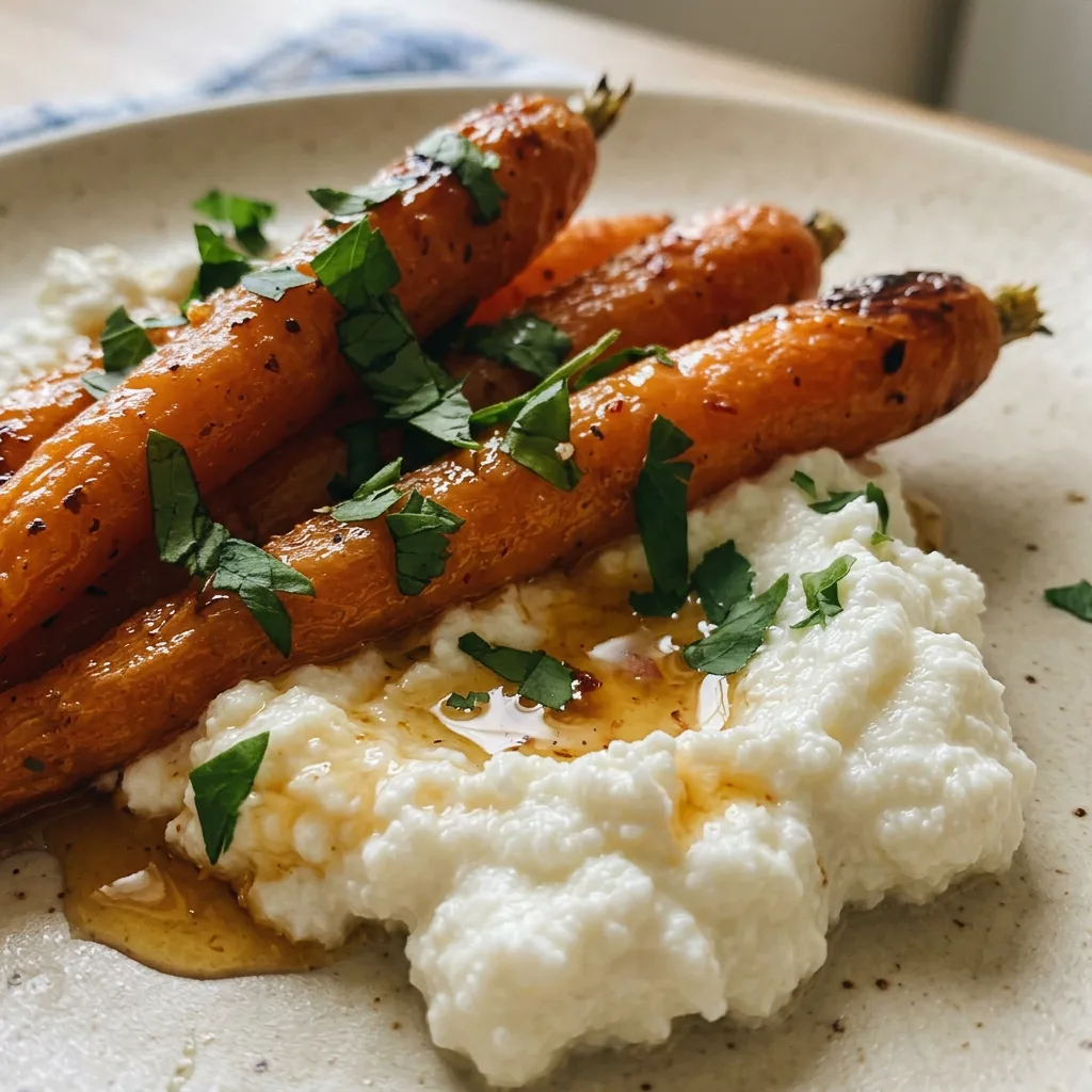 Close view of a roasted carrot topped with creamy ricotta, hot honey, and a dusting of smoked paprika and cumin.