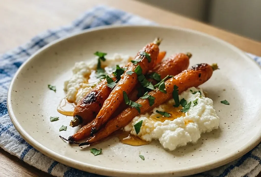 Overhead shot of roasted carrots drizzled with hot honey and maple syrup, with dollops of ricotta and sprinkled cumin and smoked paprika.