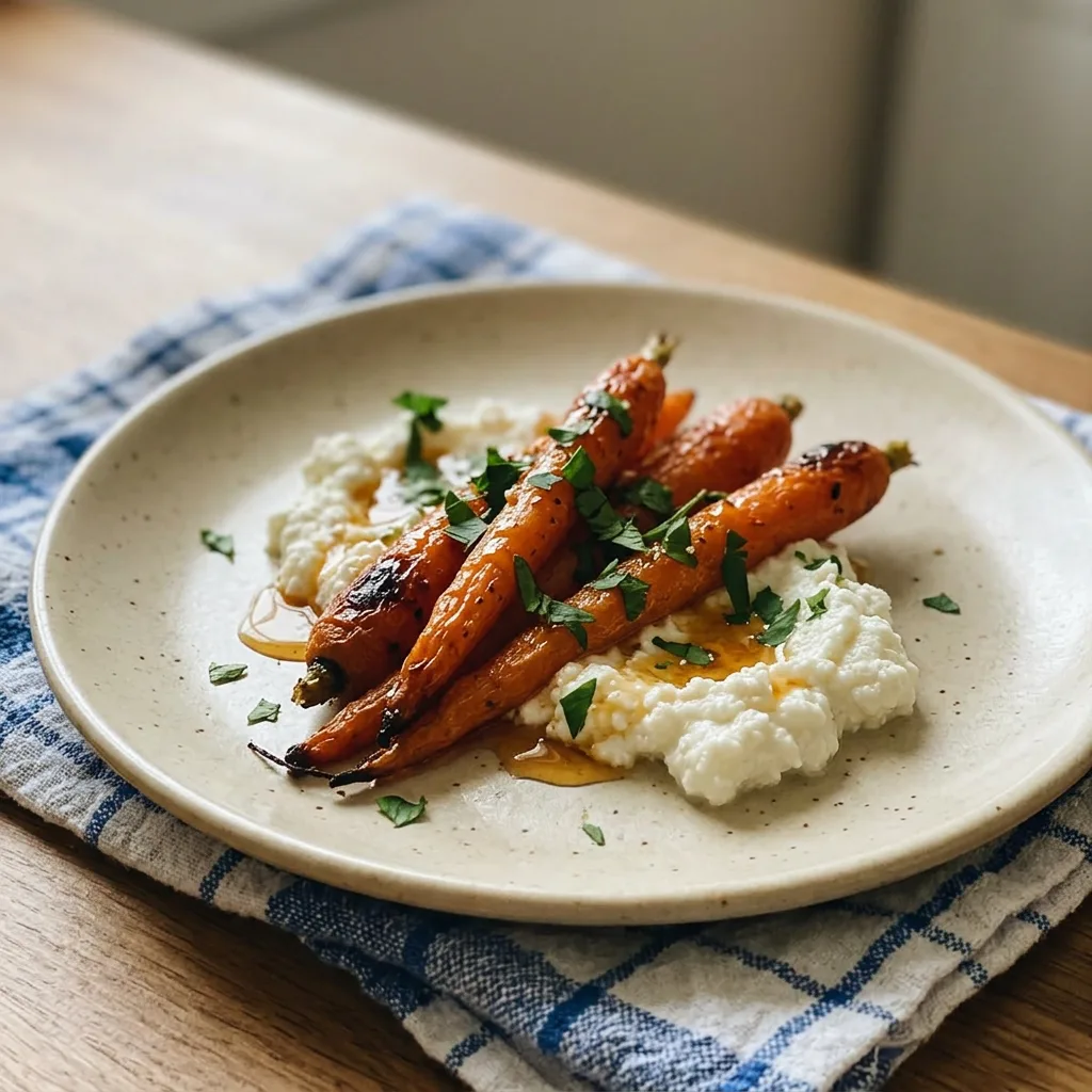 Overhead shot of roasted carrots drizzled with hot honey and maple syrup, with dollops of ricotta and sprinkled cumin and smoked paprika.