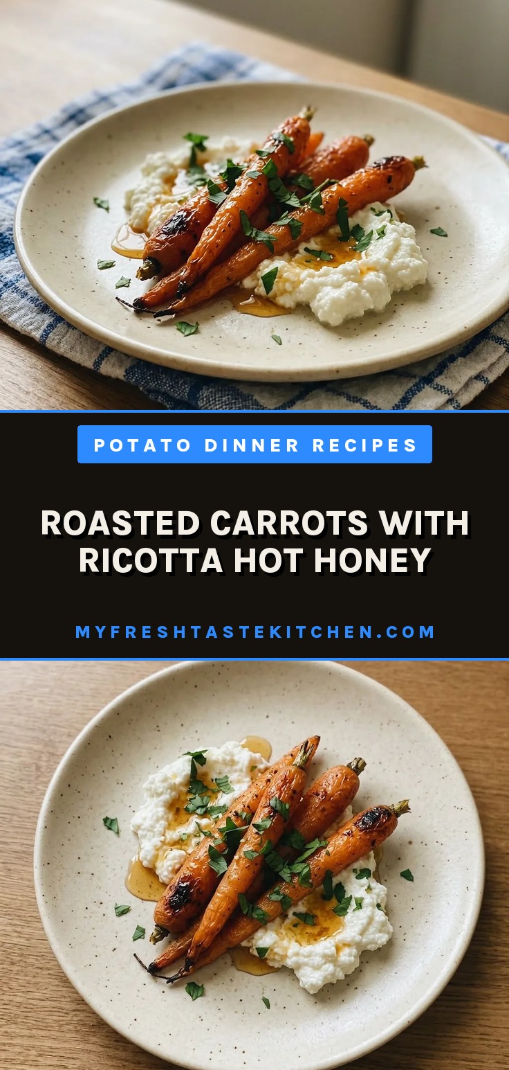Overhead shot of roasted carrots drizzled with hot honey and maple syrup, with dollops of ricotta and sprinkled cumin and smoked paprika.