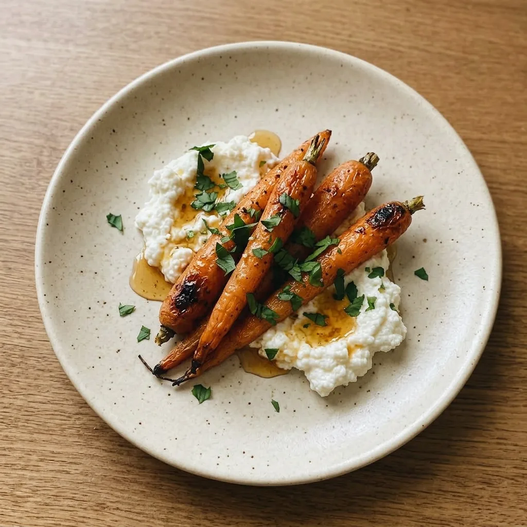 Plated roasted carrots with ricotta, hot honey, olive oil, and maple syrup, seasoned with cumin and smoked paprika.
