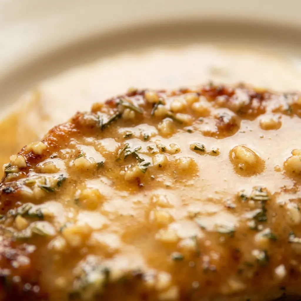 Zoomed in on a pork chop with melted butter, roasted garlic, and fresh rosemary, a lemon wedge in the background.
