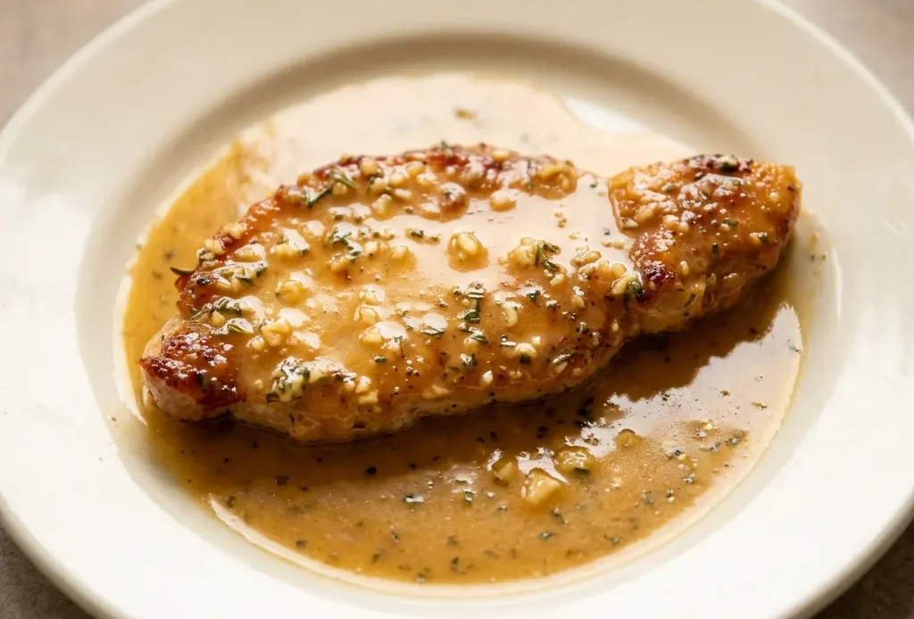 Bird's-eye view of two pork chops topped with rosemary sprigs, garlic cloves, and butter pats, with lemon slices on the side.