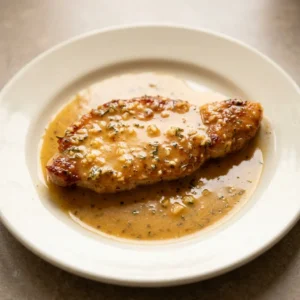 Bird's-eye view of two pork chops topped with rosemary sprigs, garlic cloves, and butter pats, with lemon slices on the side.