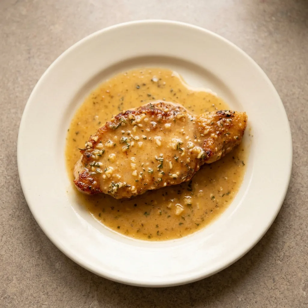 Ready to serve: pork chops garnished with rosemary and garlic, butter melting over the meat, lemon slices alongside.