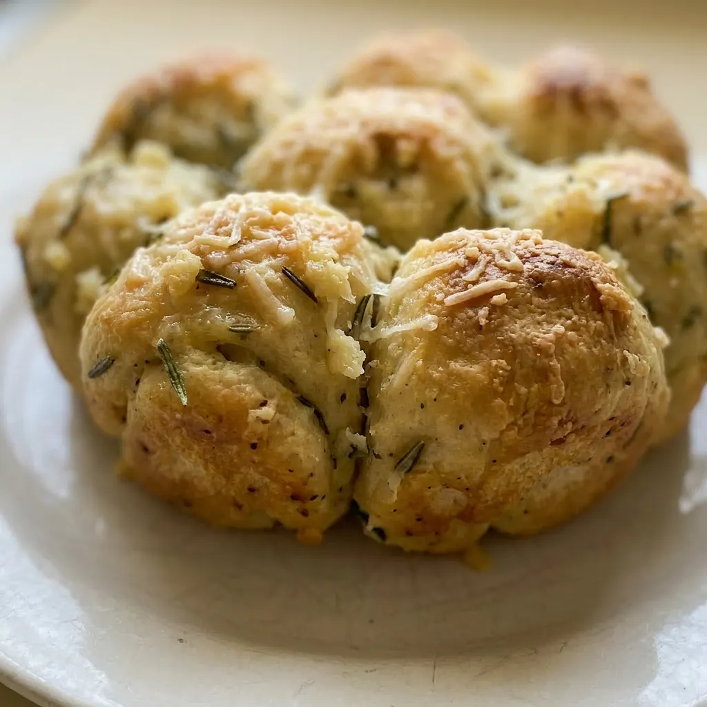 Zoomed in on a pull apart bread piece showing melted butter, minced garlic, and rosemary leaves coating the dough.
