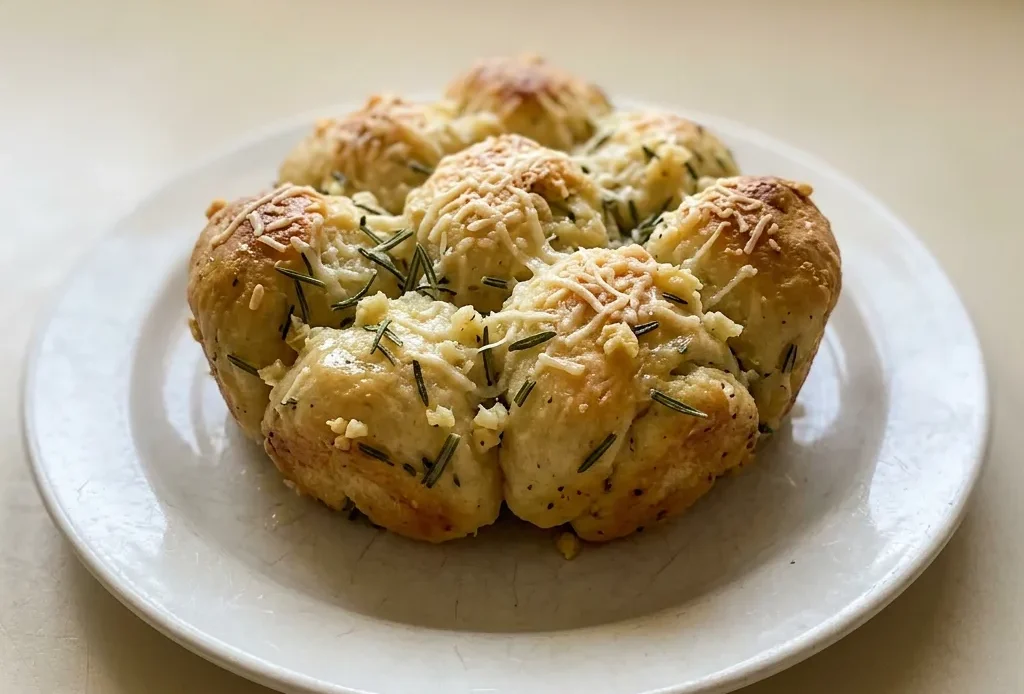 Bird's-eye view of a golden brown pull apart bread with visible green rosemary flecks and garlic pieces on top.
