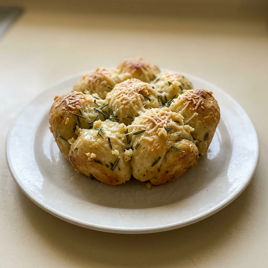 Bird's-eye view of a golden brown pull apart bread with visible green rosemary flecks and garlic pieces on top.