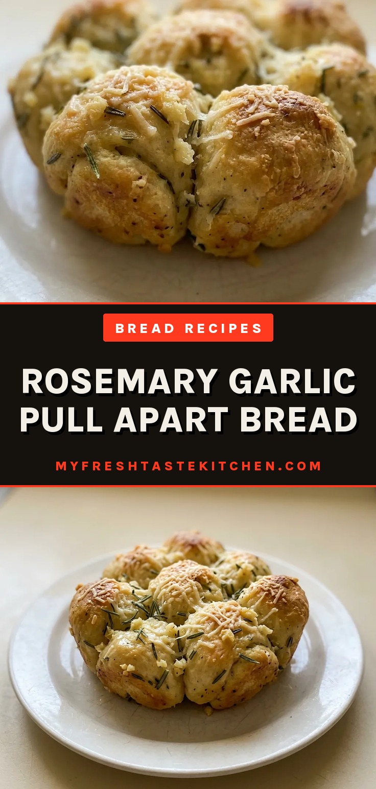 Bird's-eye view of a golden brown pull apart bread with visible green rosemary flecks and garlic pieces on top.