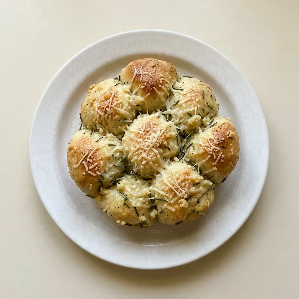 Ready to serve: a pull apart bread loaf with butter, garlic, and rosemary visible on the top and sides.