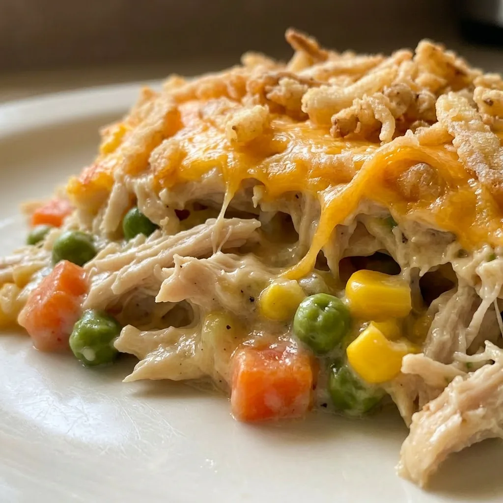 Macro detail of a forkful of casserole showing creamy sauce, tender chicken, and a crunchy fried onion topping.