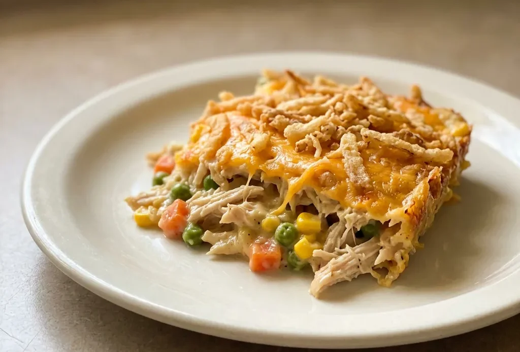 Top-down look at a casserole with shredded chicken, mixed vegetables, and melted cheddar, topped with crispy fried onions.