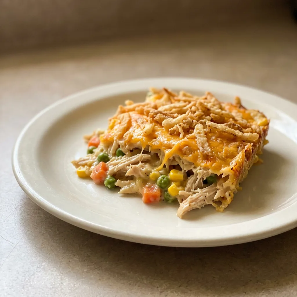 Top-down look at a casserole with shredded chicken, mixed vegetables, and melted cheddar, topped with crispy fried onions.