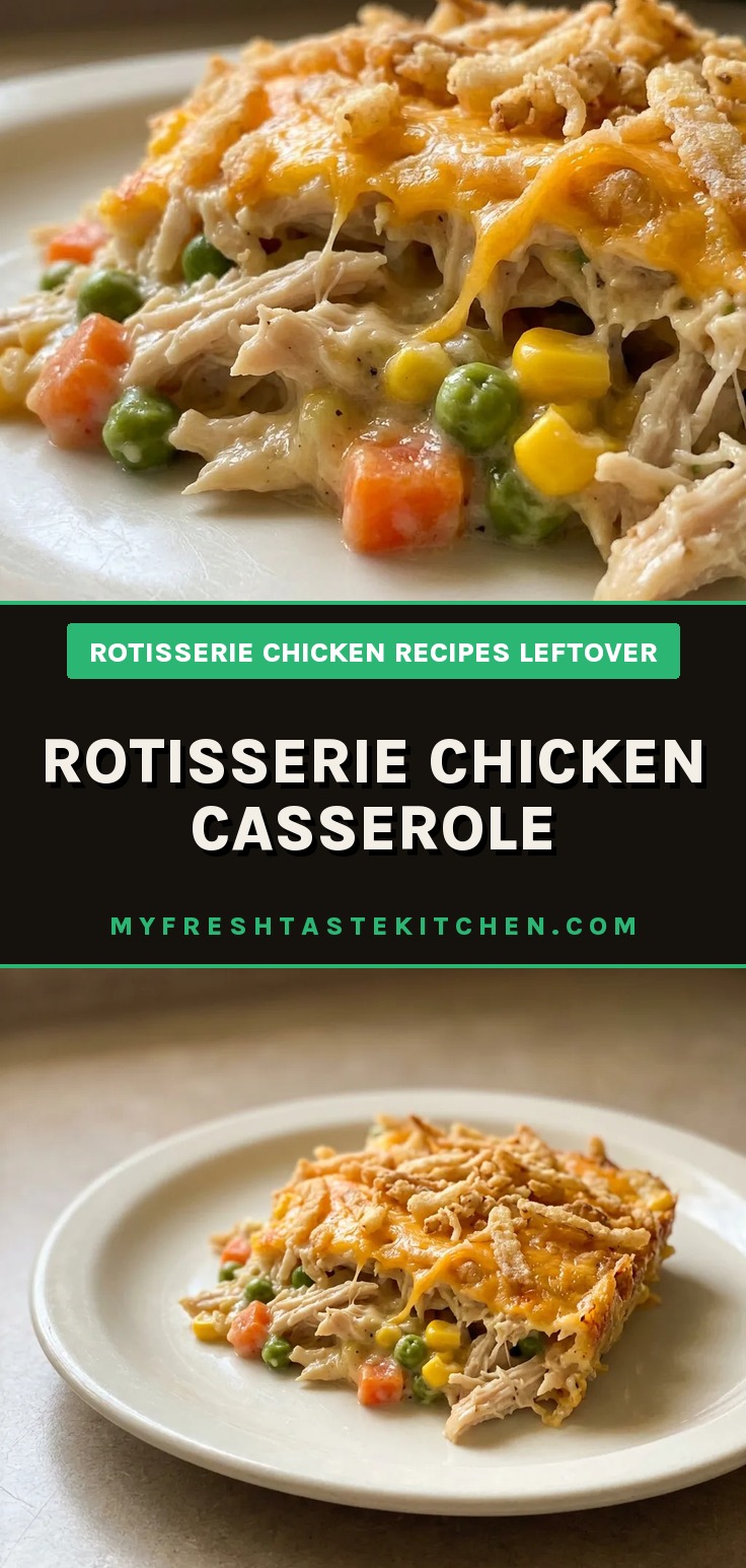 Top-down look at a casserole with shredded chicken, mixed vegetables, and melted cheddar, topped with crispy fried onions.