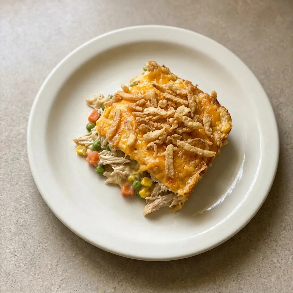 A serving of casserole with golden fried onions, shredded chicken, and mixed vegetables in a creamy sauce.