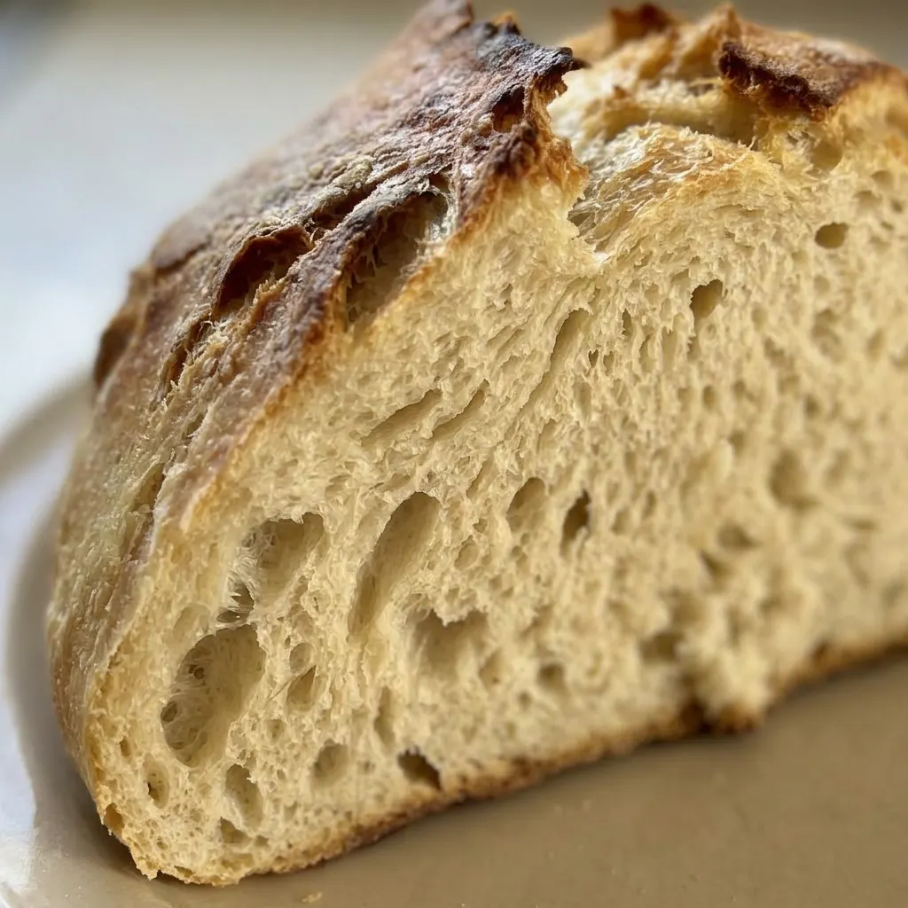 Close view of a slice of artisan bread with a crisp crust, airy crumb, and scattered sea salt crystals glistening with olive oil.