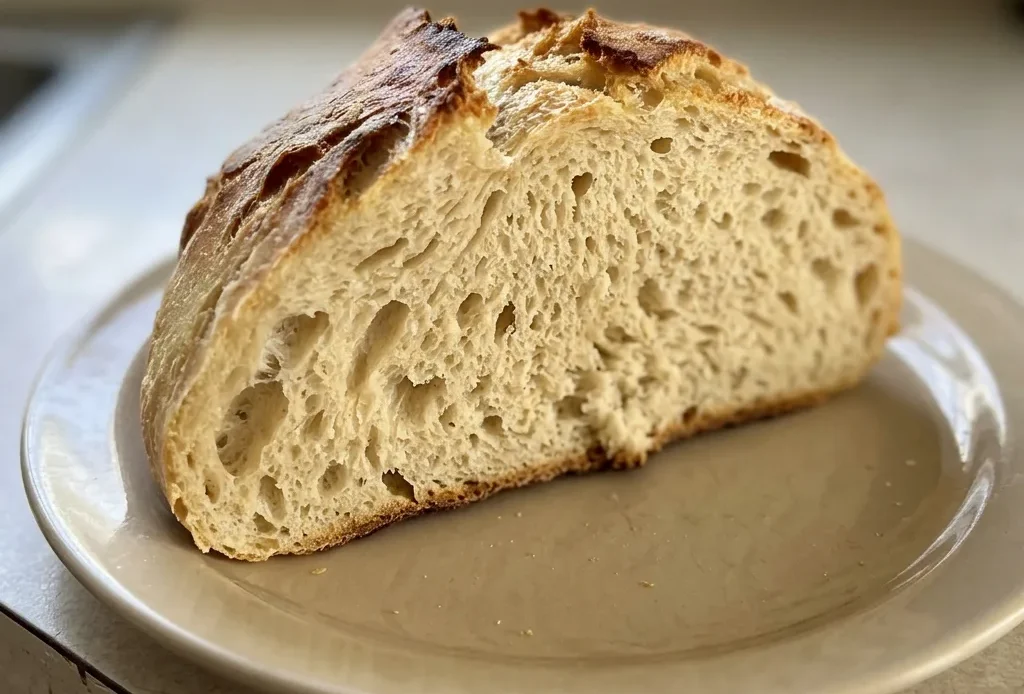 Overhead shot of a round artisan loaf with a golden crust, scored top, and visible sea salt flakes and olive oil sheen.