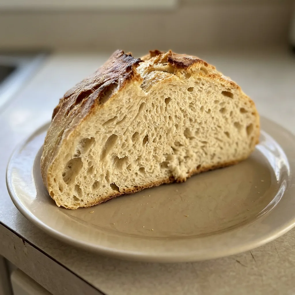Overhead shot of a round artisan loaf with a golden crust, scored top, and visible sea salt flakes and olive oil sheen.