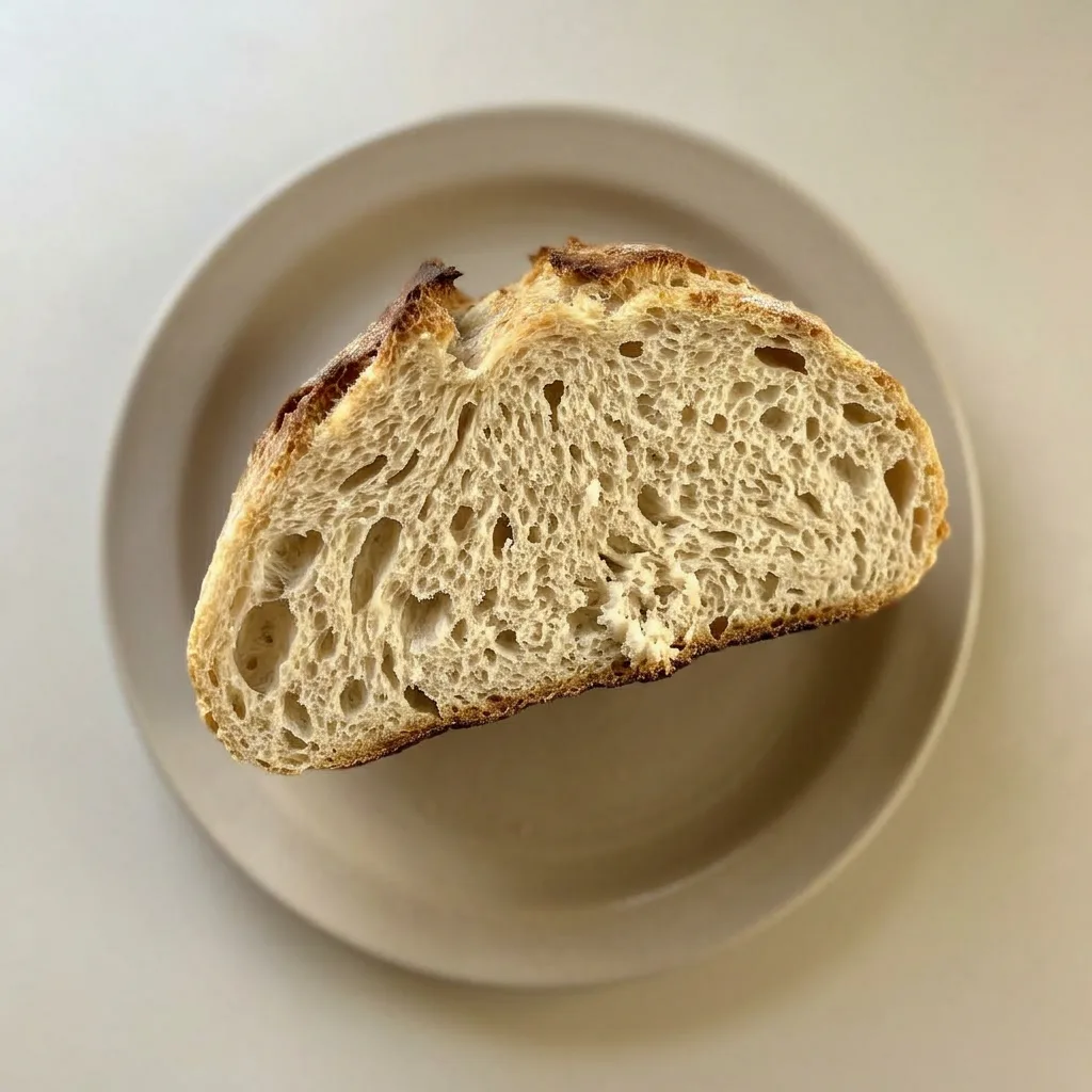 Plated artisan bread loaf on a wooden board, crusty exterior with olive oil gloss and coarse sea salt topping.