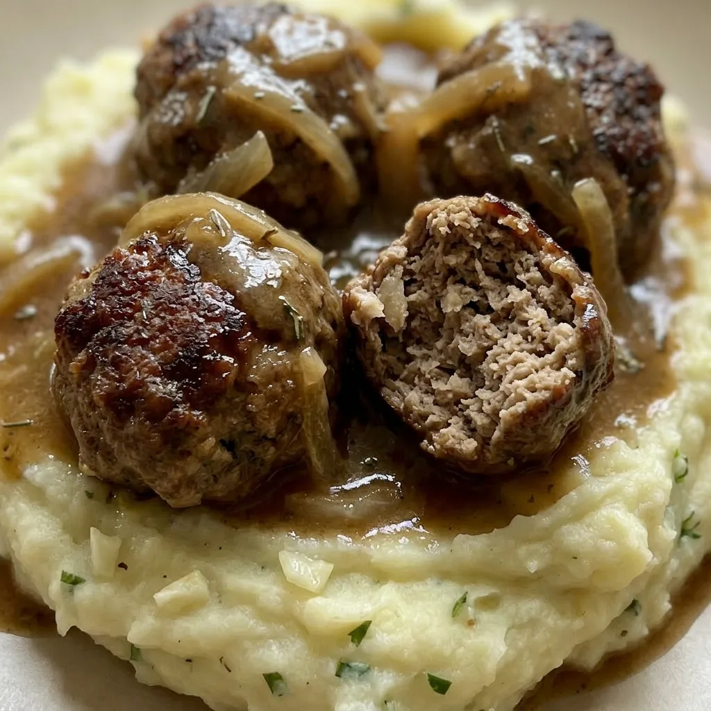 Zoomed in on a meatball with gravy, next to garlic herb mashed potatoes with visible herb specks.