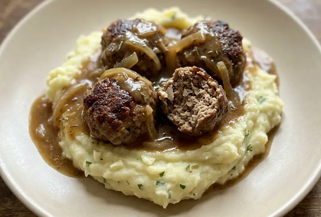 Bird's-eye view of three Salisbury steak meatballs with gravy on a bed of mashed potatoes, topped with parsley.