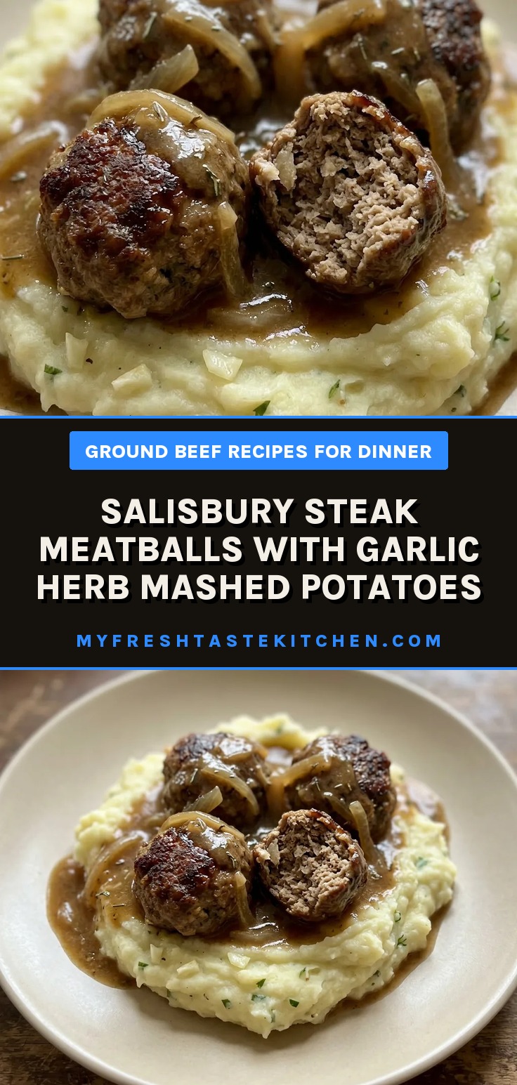 Bird's-eye view of three Salisbury steak meatballs with gravy on a bed of mashed potatoes, topped with parsley.