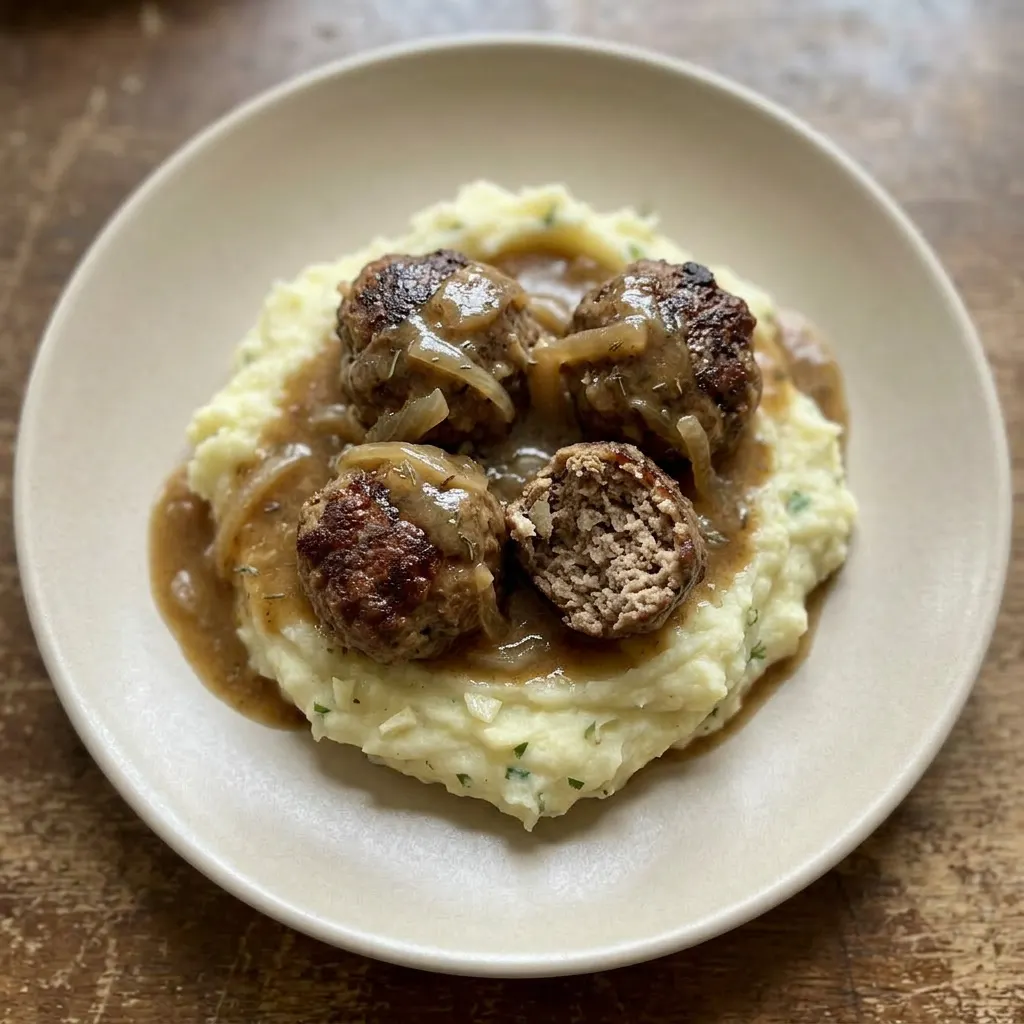 Ready to serve: meatballs in brown gravy alongside creamy mashed potatoes, garnished with fresh parsley.