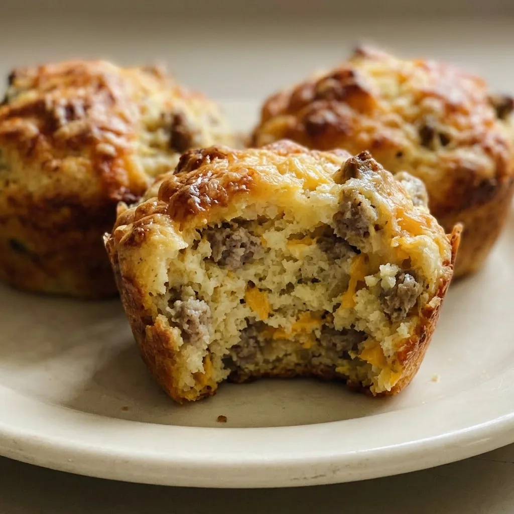 Zoomed in on a baked muffin showing crumbled sausage and gooey Cheddar cheese.