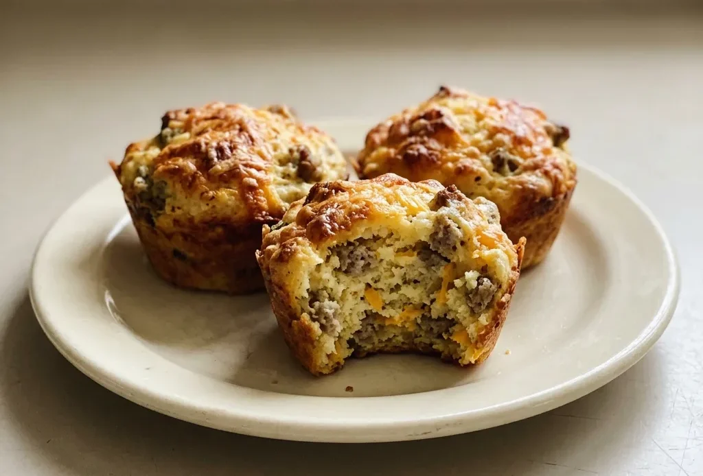 Bird's-eye view of a round golden muffin with sausage and melted cheese on top.