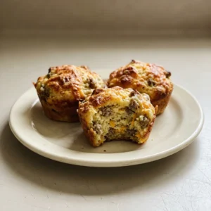 Bird's-eye view of a round golden muffin with sausage and melted cheese on top.