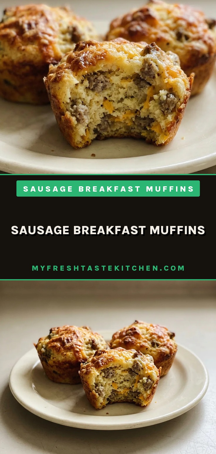 Sausage breakfast muffins, golden brown tops with bits of sausage and melted Cheddar cheese visible.
