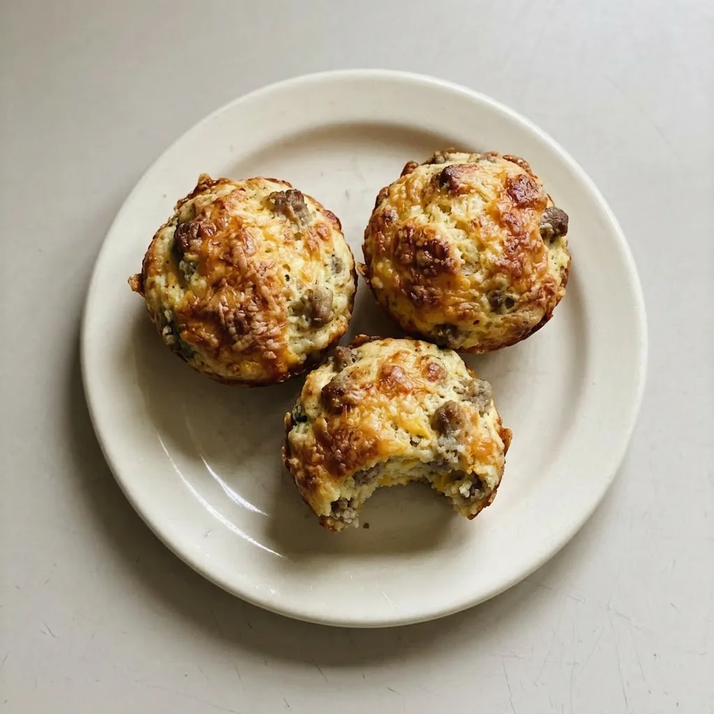 Ready to serve: a warm muffin with browned sausage bits and cheese oozing from the center.