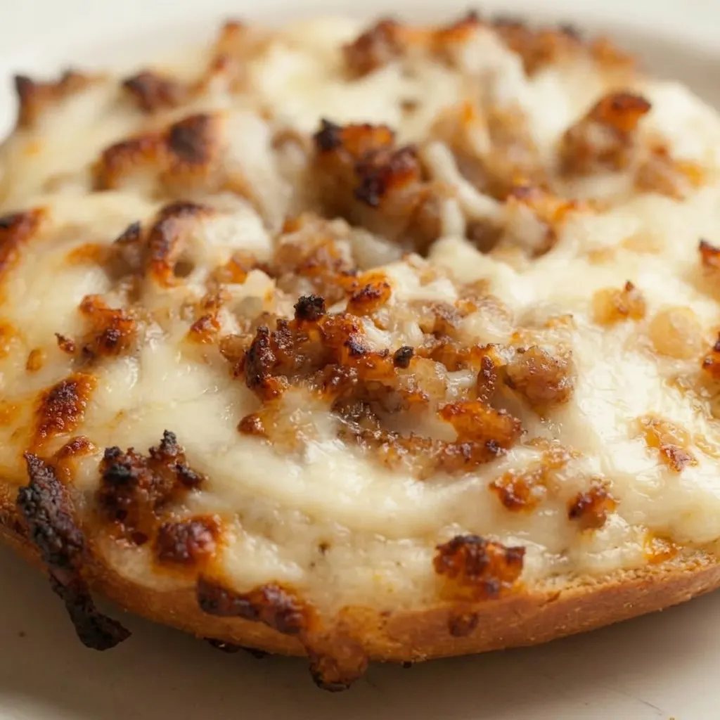 Zoomed in on a bagel half with golden brown sausage pieces, creamy white gravy, and melted mozzarella cheese.