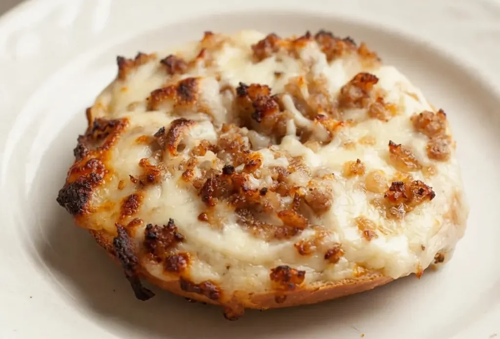 Bird's-eye view of two bagel halves each topped with crumbled breakfast sausage, white gravy, and shredded mozzarella cheese.